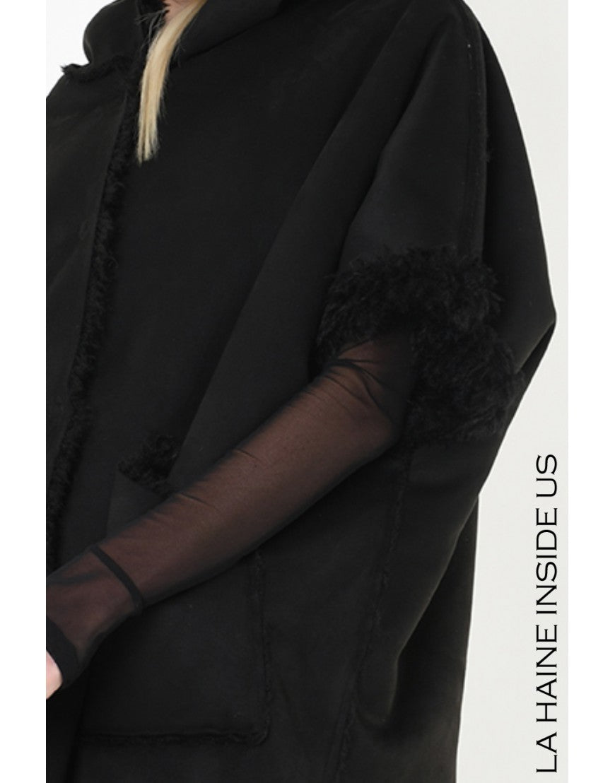 Black Reversible Faux Fur Hooded Poncho Gilet