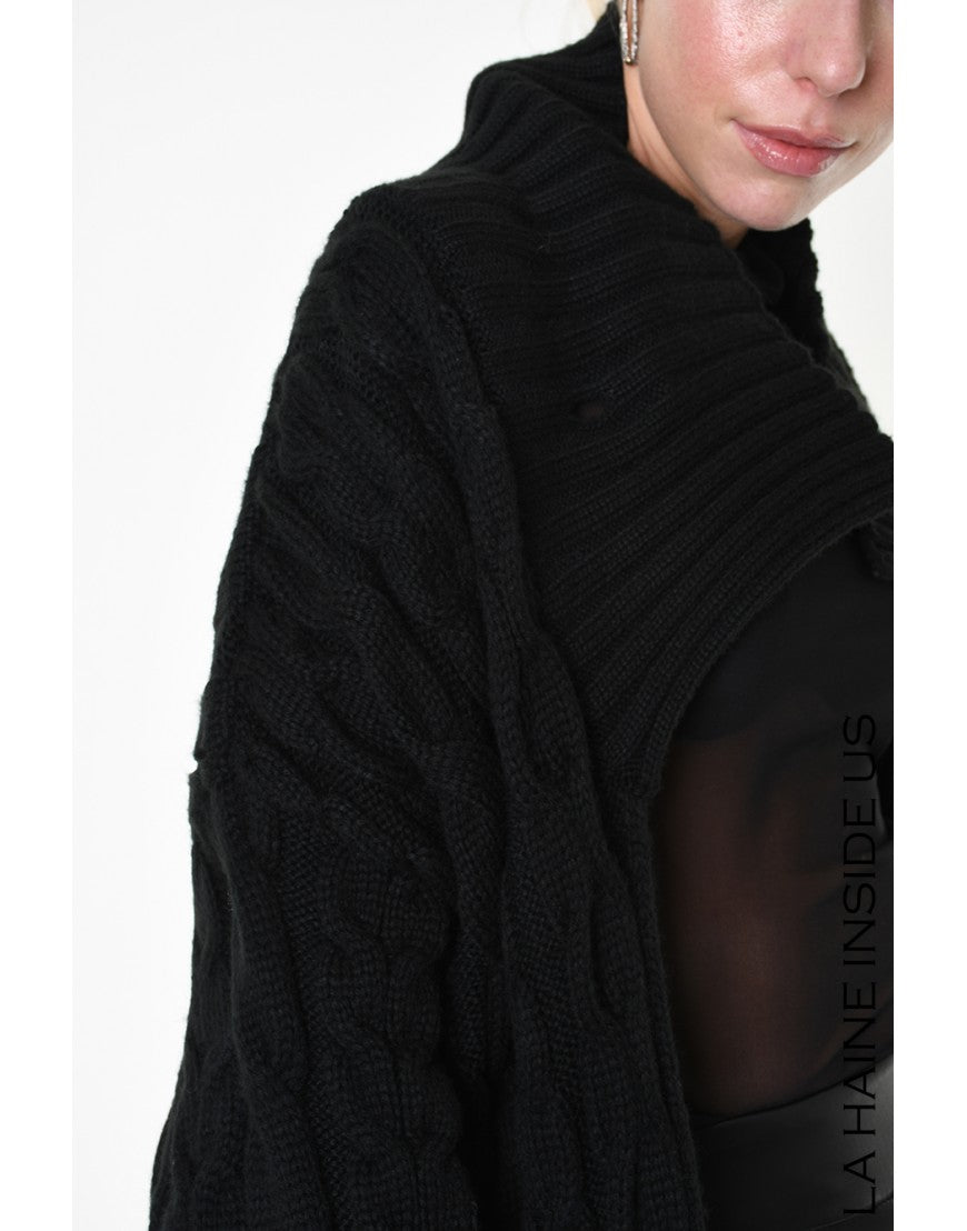 Cable Knit Black Long Cardigan Coat