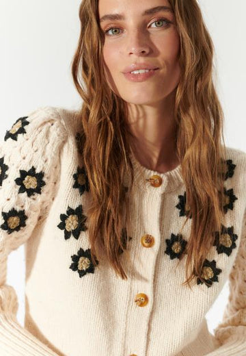 Feline Cream Embroidered Cardigan