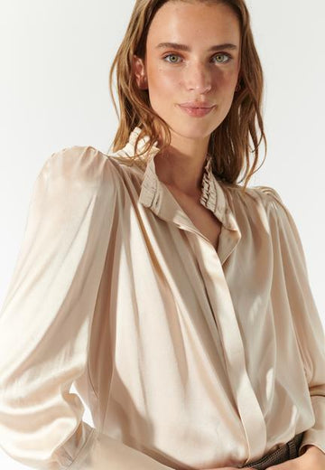 Roberta Champagne Silk Blouse with Ruffled Collar