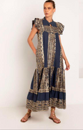Navy & Gold Linen Long Sleeveless Dress at Jessimara.com