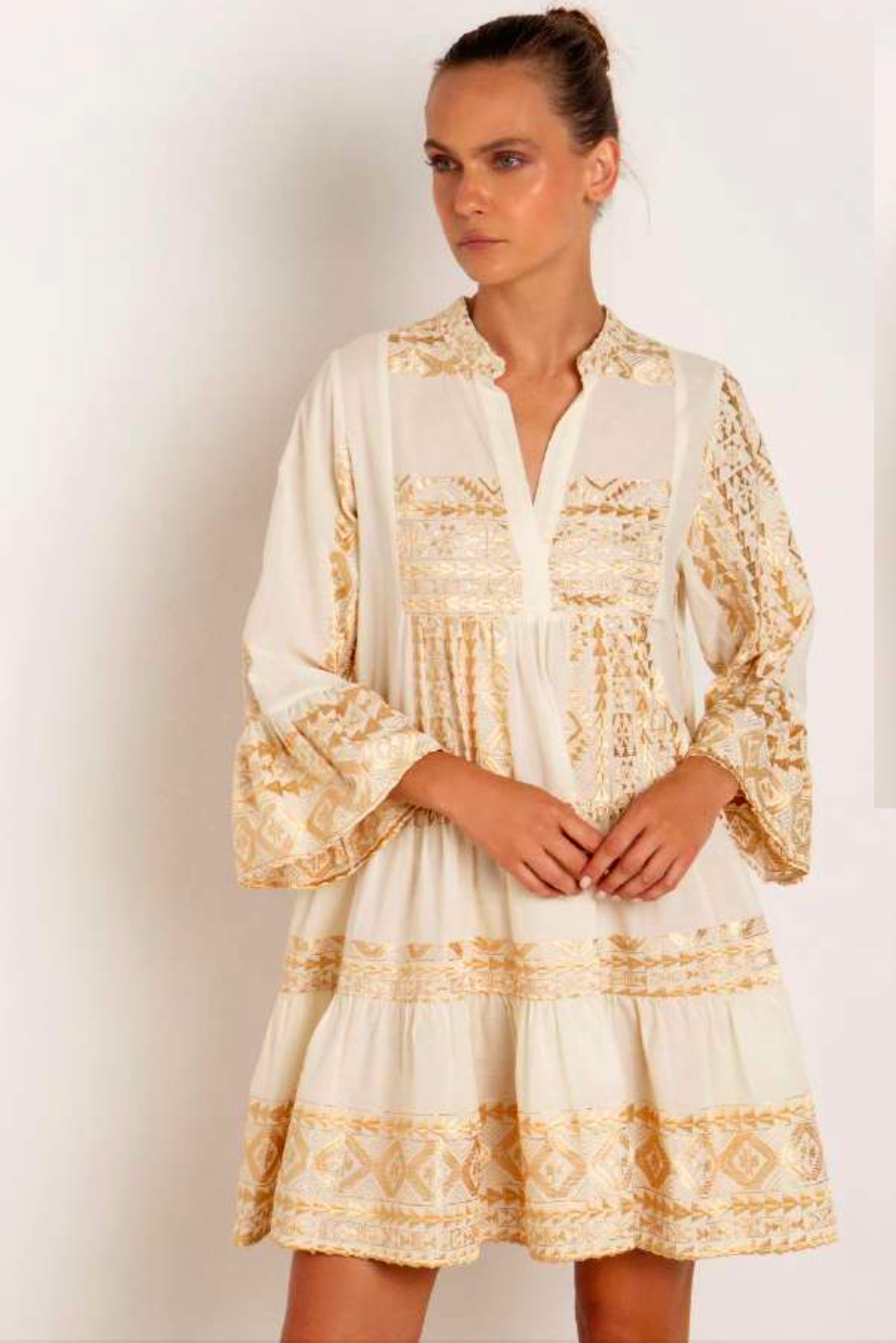 Natural & Gold Linen Dress with 3/4 sleeve