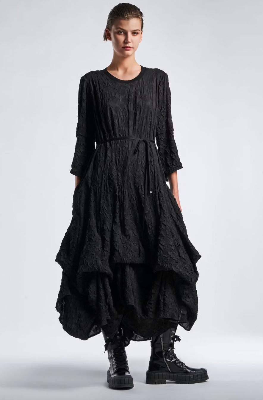 Optimism Black Skirted Cloque Dress