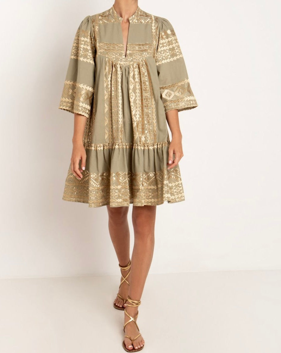 Shop the Tea & Gold  3/4 Sleeve Dress by Greek Archaic Kori at Jessimara.com.