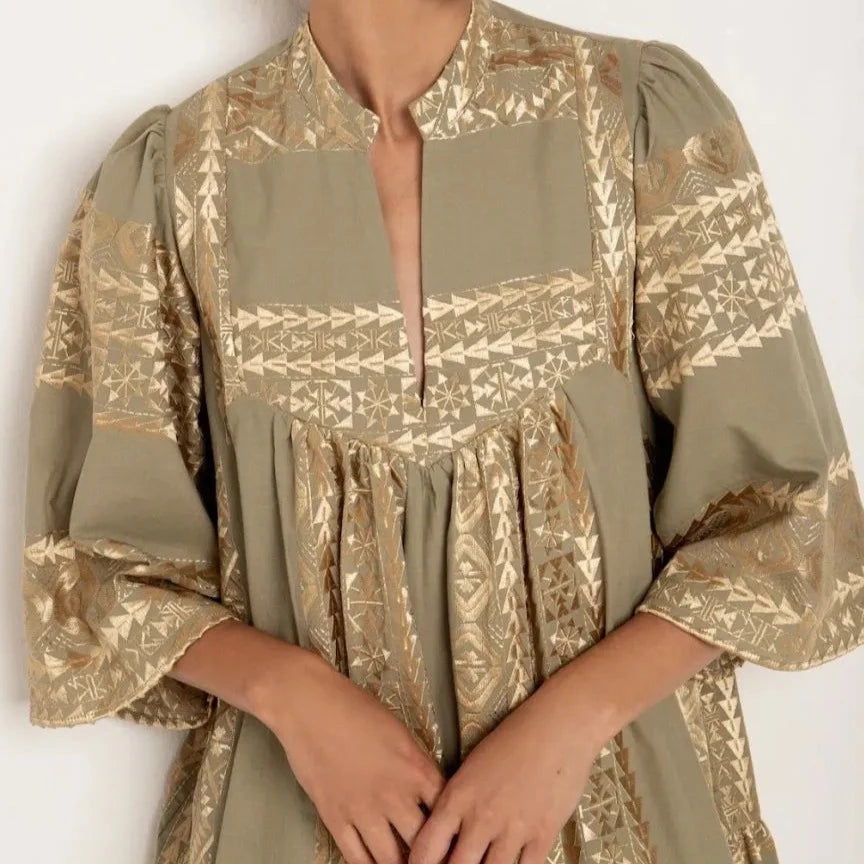 Shop the Tea & Gold  3/4 Sleeve Dress by Greek Archaic Kori at Jessimara.com.