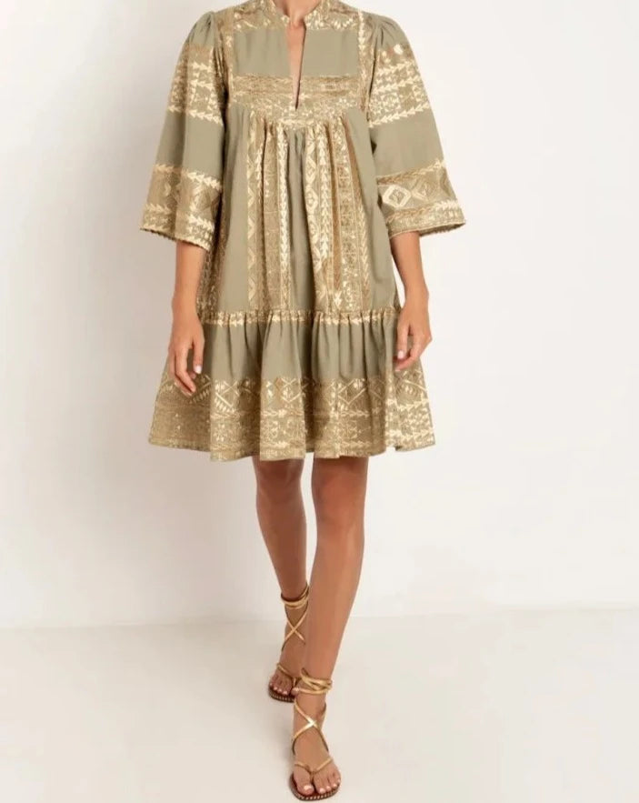 Shop the Tea & Gold  3/4 Sleeve Dress by Greek Archaic Kori at Jessimara.com