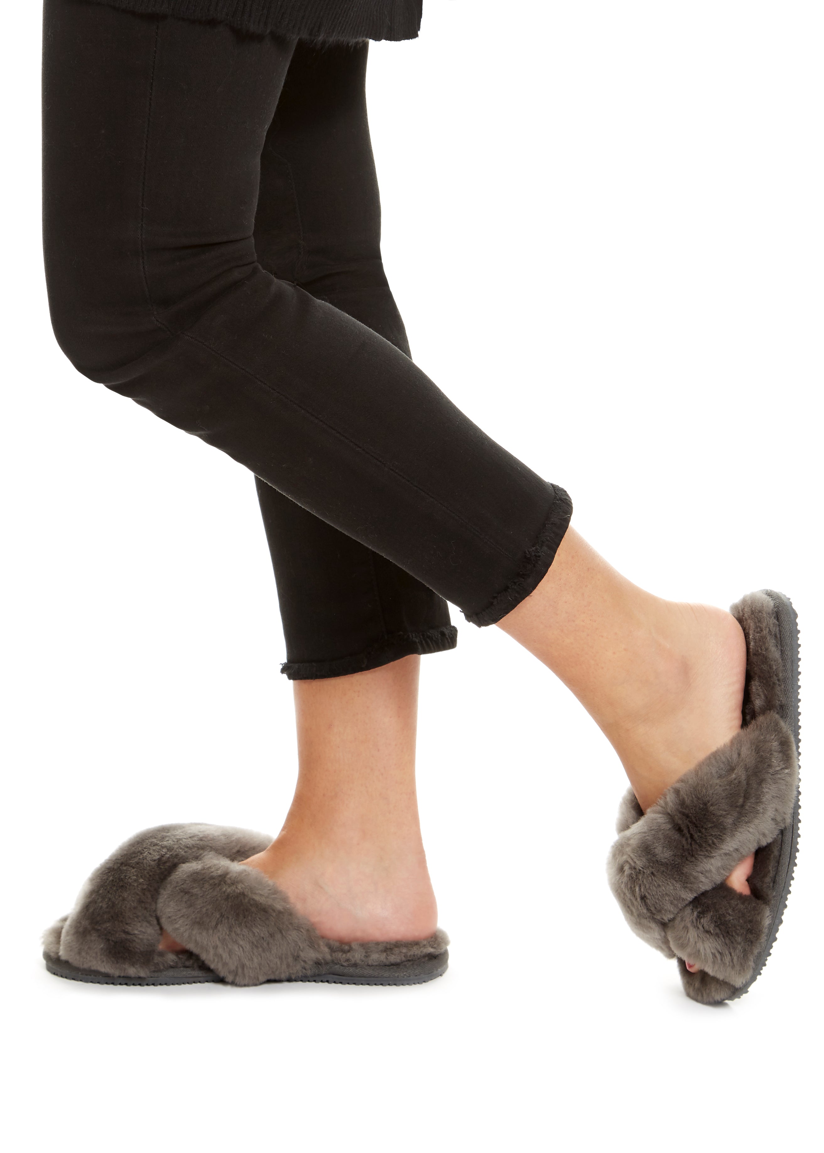 Dark Grey Deep Criss Cross Sheepskin Slippers Jessimara London